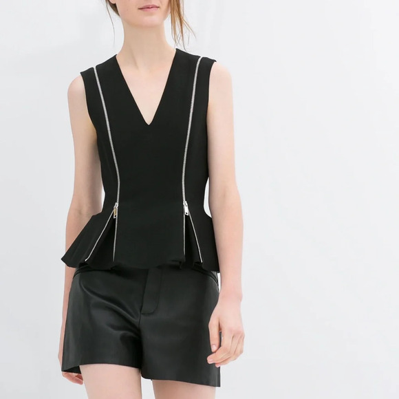 Zara Tops - Zara Woman Black Deep V Neck Zipper Peplum Top S